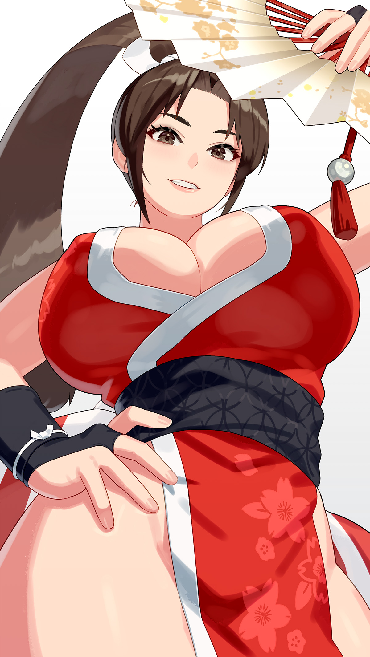 bad tag, bare hips, breasts, bridal gauntlets, brown eyes, brown hair, cleavage, commentary, curtained hair, dougi, fatal fury, female, female only, folding fan, from below, grin, groin, hand fan, hand on own hip, highres, holding, holding fan, japanese clothes, kimono, king of fighters, large breasts, long hair, looking at viewer, mai shiranui, ninja, no bra, obi, parted bangs, pelvic curtain, ponytail, pov, red kimono, revision, sash, smile, solo, street fighter, street fighter 6, teeth, thick thighs, thighs, very long hair, yagi2013