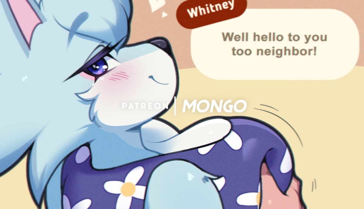 1boy, 1girls, 3mangos, animal crossing, anthro, big breasts, blush, breast grab, breast grab from behind, breasts, clothing, disembodied hand, female, from behind, furry, human on anthro, looking at viewer, male, male human/female anthro, male on anthro, nintendo, purple eyes, smile, text, unseen male face, whitney (animal crossing), wolf