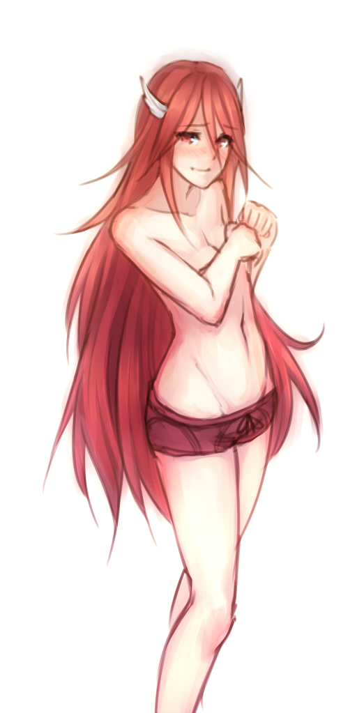 athletic_female blush cordelia_(fire_emblem) covering_breasts curvy_hips fire_emblem fire_emblem_awakening hair_between_eyes hair_ornament long_legs looking_at_viewer monorus navel red_eyes red_hair redhead short_shorts shy slight_smile small_waist thighs very_long_hair white_background