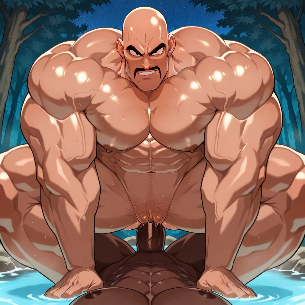 abs, ai generated, bald, bald male, balls, bara, big arms, big chest, big cock, big muscles, big pecs, big penis, brown body, brown skin, cboy slut, clitoris, closed mouth, cock, completely nude, cuntboy, cuntboy only, cuntboy/male, dominant, dominant bottom, dragon ball, dragon ball z, erection, from above, gay, hot spring, human, insertion, intersex, looking at viewer, male, male penetrating, male penetrating male, moustache, muscle arms, muscle bottom, muscles, muscular, muscular cuntboy, muscular male, nappa, night sky, nude, pecs, penis, pov, pussy, smiling, smiling at viewer, spread legs, testicles, thick penis, top down, top-down bottom-up, vaginal insertion, vaginal penetration, vaginal sex, vulva, yaoi