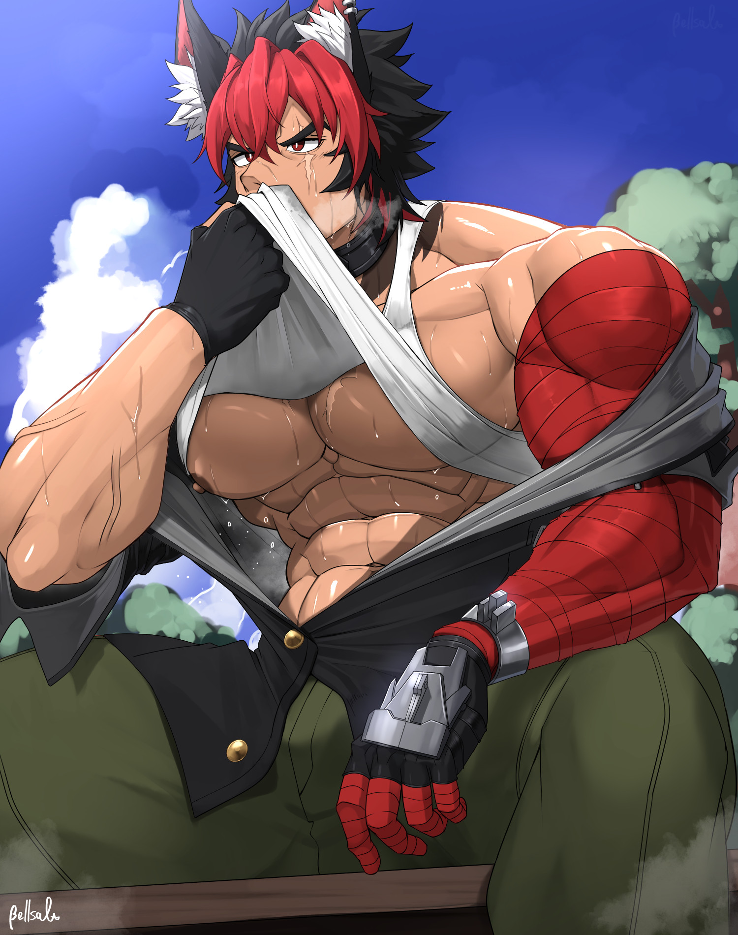 1boy, abs, animal ears, artist name, bandage, bandaged arm, bangs, bara, beefy, bellsaltr, bench, biceps, big abs, big areola, big pecs, black hair, bracelet, broad shoulders, bulge, bulge through clothing, choker, clothes lift, cloud, collarbone, ear tuft, fingerless gloves, flaccid, gauntlets, gay, gloves, grabbing clothing, hi res, hunk, kemonomimi, komano manato, male, male only, manly, mature male, morning, multicolored hair, muscles, muscular, muscular arms, muscular male, muscular neck, navel, open clothes, oppai, outdoors, panting, pecs, red bandage, red eyes, red hair, scar, scar across eye, scar on face, short hair, sitting, sitting on bench, six pack, sky, solo, steam, steamy breath, sweat, sweatdrop, sweating, sweaty, tanktop, thick arms, thick eyebrows, three-tone hair, tough guy, v-shaped eyebrows, veiny arms, very sweaty, white hair, wiping sweat, yaoi, zenless zone zero