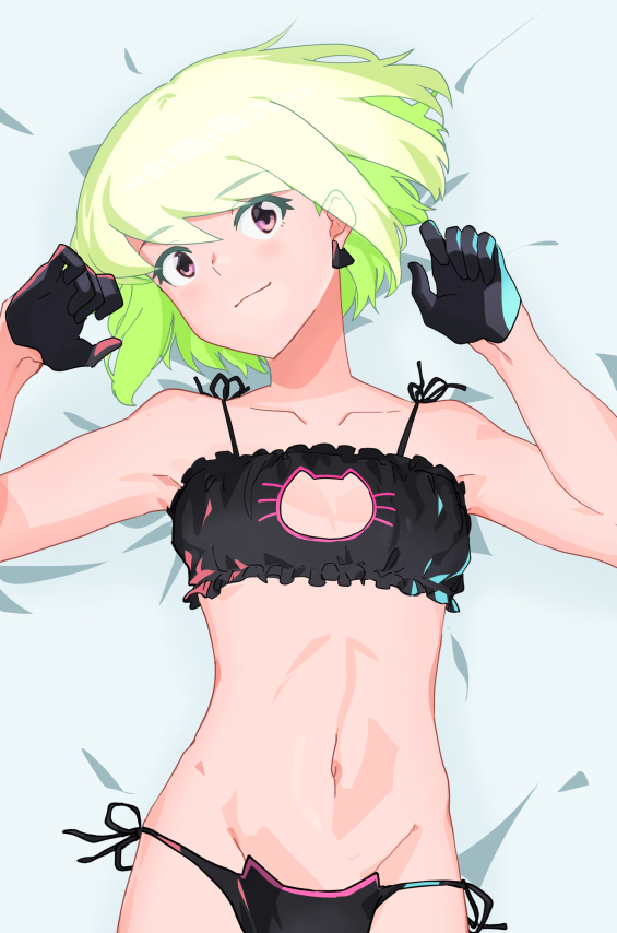 1boy, androgynous, blush, bob cut, bra, cat lingerie, clothed, clothing, crossdressing, femboy, gloves, lio fotia, looking at viewer, male, on bed, panties, pov, promare, short hair, slim, slim male, slim waist, twink