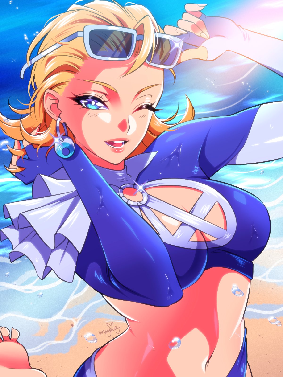1girls, blonde female, blonde hair, blue eyes, blue swimsuit, breasts, exposed breasts, eyewear on head, fantastic four, female, invisible woman, invisible woman (azure shade), invisible woman (marvel rivals), long hair, marvel, marvel comics, marvel rivals, mingway, sue richards, sue storm, sunglasses, swimsuit