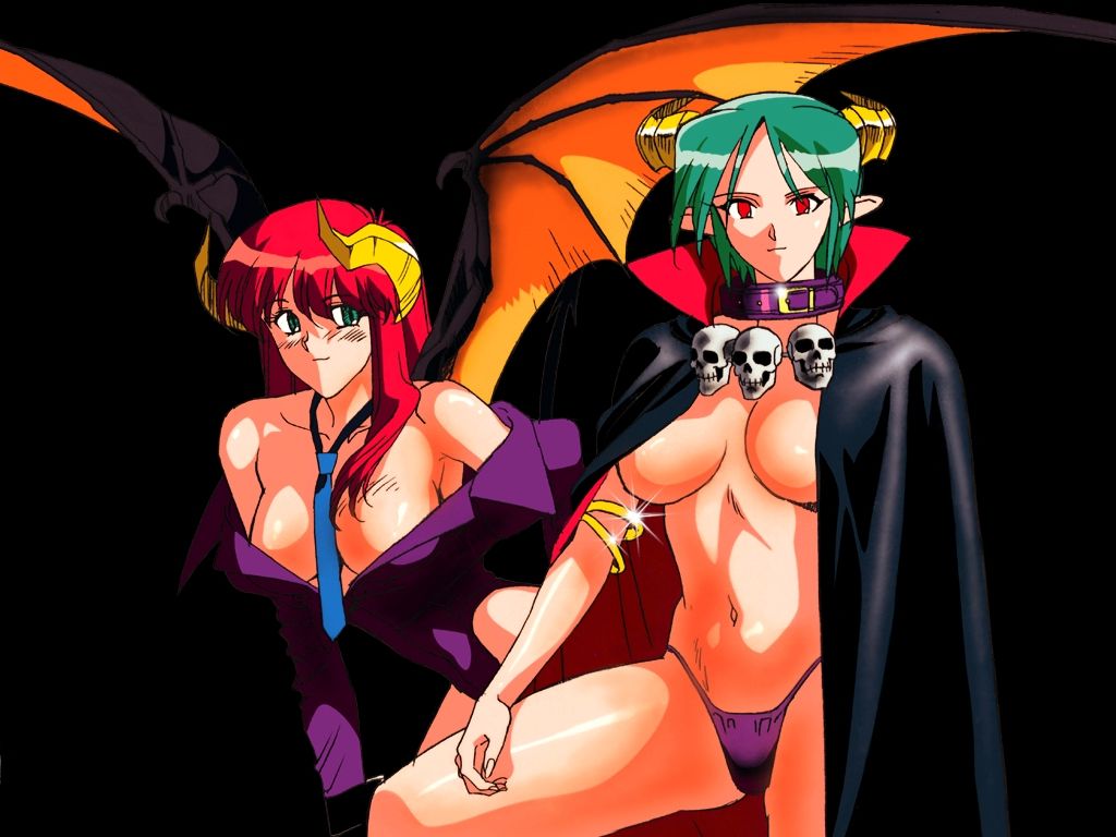 2demons 2girls 90s armpits bare_shoulders black_background breasts cape carrera cleavage clothing collar covered_navel demon_girl demon_horns demon_tail demon_wings eyebrows_visible_through_hair female female_only green_eyes green_hair highres horns jacket large_breasts leaning_forward leotard long_ears long_hair looking_at_another looking_at_viewer mercedes_(viper) monster_girl multiple_girls navel necktie official_art panties pantyhose pointy_ears purple_thong red_eyes red_hair ring sasaki_masakatsu shiny short_hair simple_background sitting skull skull_necklace smile sogna succubus succubus_horns succubus_wings tail thick_thighs thighs thong topless undressing viper_(series) viper_gts wings wrist_cuffs