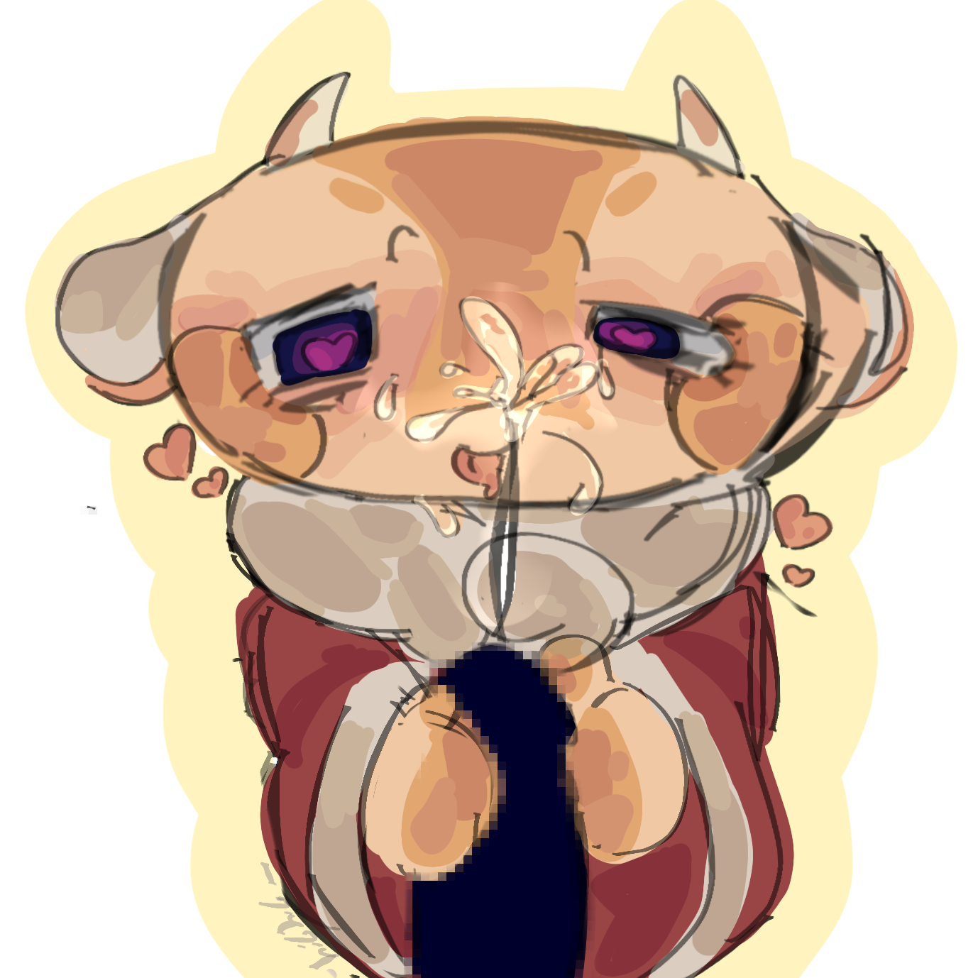 animal costume, blush, censored penis, cum, cum on face, cumshot, dandy's world, fake animal ears, fake horns, fluffy ears, halloween costume, halloween theme, heart symbol, heart-shaped pupils, holding penis, idk what to tag it, loose clothes, makeup, male, needy, penis, red clothing, scarf, shelly (dandy's world), tounge out