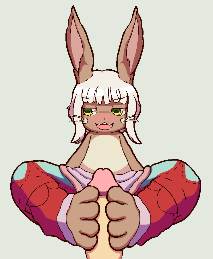 4_toes anthro barefoot blush brown_body clothed clothing duo female first_person_view flat_chested foot_fetish foot_play footjob fur genitals green_eyes hair human lagomorph leporid long_ears looking_away made_in_abyss male mammal multicolored_body multicolored_fur nanachi narehate penis rabbit sex shy simple_background smile solidpoint solo_focus straight toes two_tone_body two_tone_fur white_hair