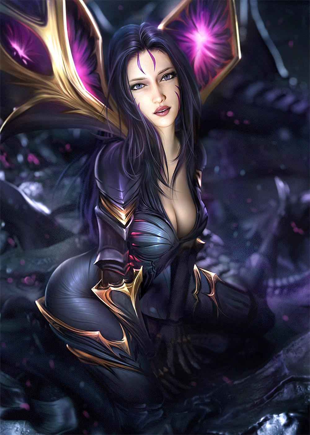 1girls armor bodysuit cleavage clothed clothed_female dark_hair female gauntlets kai'sa kneeling knees_apart league_of_legends long_hair looking_at_viewer purple_hair sevenbees tagme