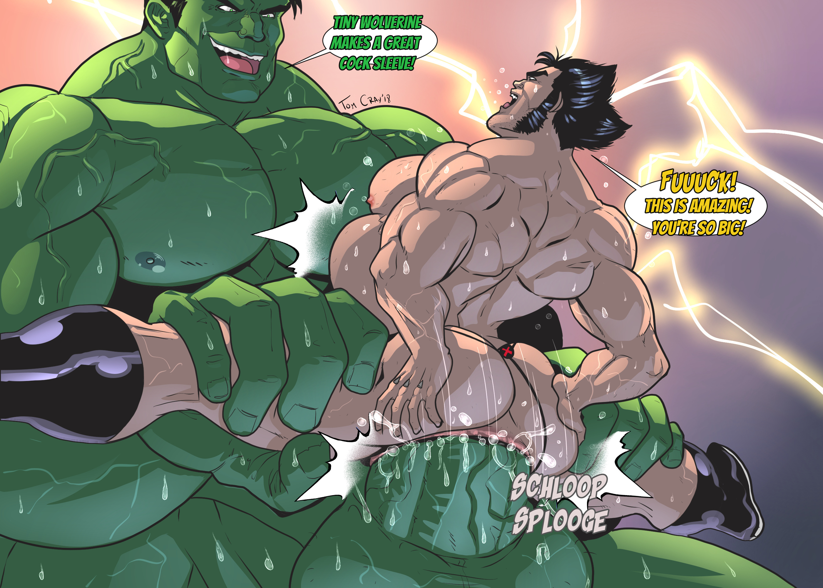 2boys, anal, anal sex, balls, bara, big balls, big penis, boner, erection, gay, green skin, hulk, hulk (series), male, male only, marvel, marvel comics, muscles, muscular, nude, penis, spread legs, stomach bulge, sweaty, tom cray, wolverine (x-men), x-men, yaoi