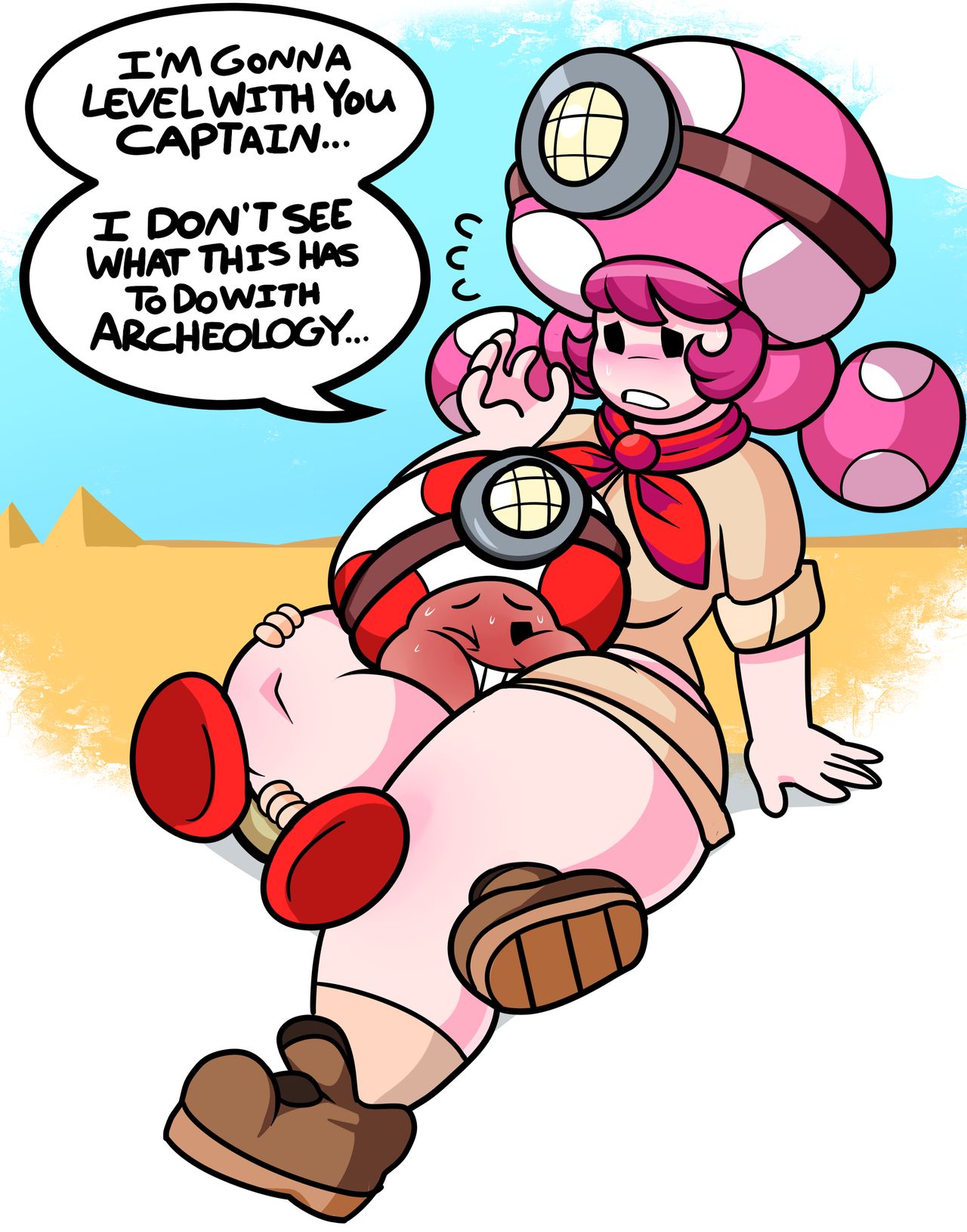 1boy 1girls between_legs between_thighs captain_toad captain_toad_treasure_tracker female headscissor huge_thighs mario_(series) nintendo scissorhold superspoe thick_thighs thighs toad_(mario) toadette