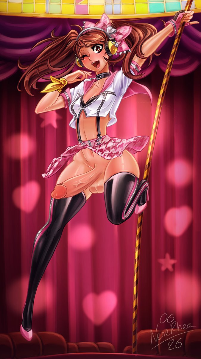 1futa, atlus, balls, big penis, breasts, brown hair, choker, cleavage, erection, futa only, futanari, headphones, high heels, intersex, kujikawa rise, nenerhea, penis, persona, persona 4, persona 4: dancing all night, pink skirt, solo, solo futa, stripper pole, testicles, thighhigh stockings, twintails, winking at viewer