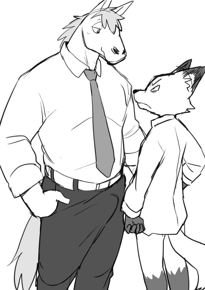 2020 anthro bulge canid canine clothing duo equid equine erection erection_under_clothing fox horse junior_horse male_only mammal manmosu_marimo monochrome senior_fox simple_background standing white_background