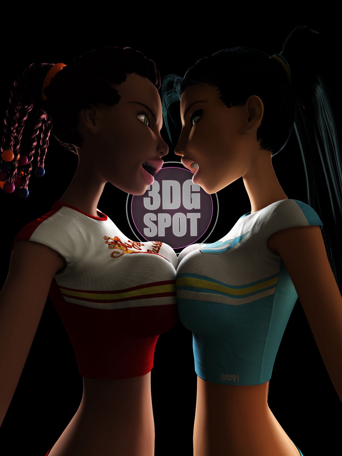 2girls 3d 3d_(artwork) 3dgspot breast_to_breast breasts breasts_to_breasts cheerleader cheerleader_uniform cram_skool dark-skinned_female dark_skin female keena_dixin portentia_pickers tan_skin upper_body voluptuous watermark