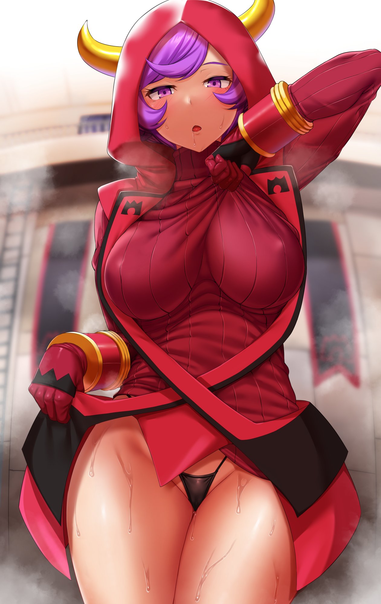 1girls, big breasts, breasts, clothed, clothes lift, courtney (pokemon), curvy, female, female only, front view, gloves, hitotsuki nebura, hoodie, human, looking at viewer, nipple bulge, nipples, open mouth, panties, panting, pokemon, pokemon rse, purple eyes, purple hair, solo, sweat, sweater, team magma, thick thighs, thong, voluptuous, wide hips
