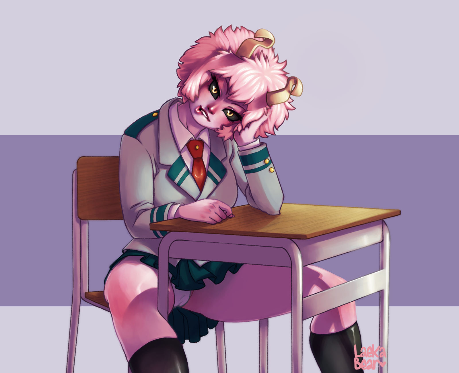 biting lip, cameltoe, desk, female, female only, horns, laekabear, looking at viewer, mina ashido, my hero academia, panties, pink hair, pink skin, pussy, school uniform, short hair, solo, teasing, teenager, u.a. school uniform, under the table, upskirt, yellow eyes