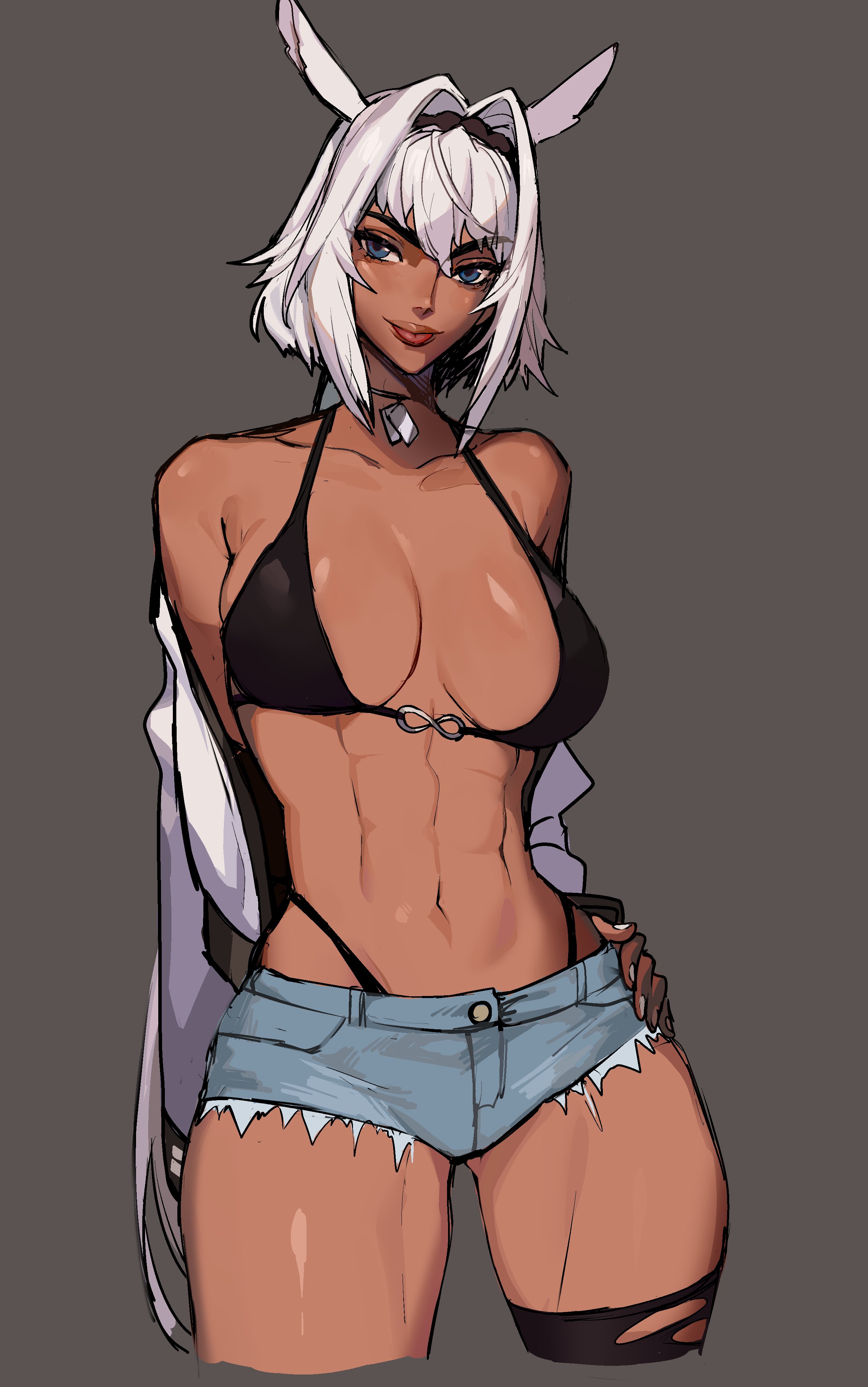 1girls, abs, blue eyes, bra, breasts, caenis (fate), cleavage, clothed, dark skin, dark-skinned female, ennuigrl, fate (series), fate/grand order, female, large breasts, short hair, smile, solo, white hair