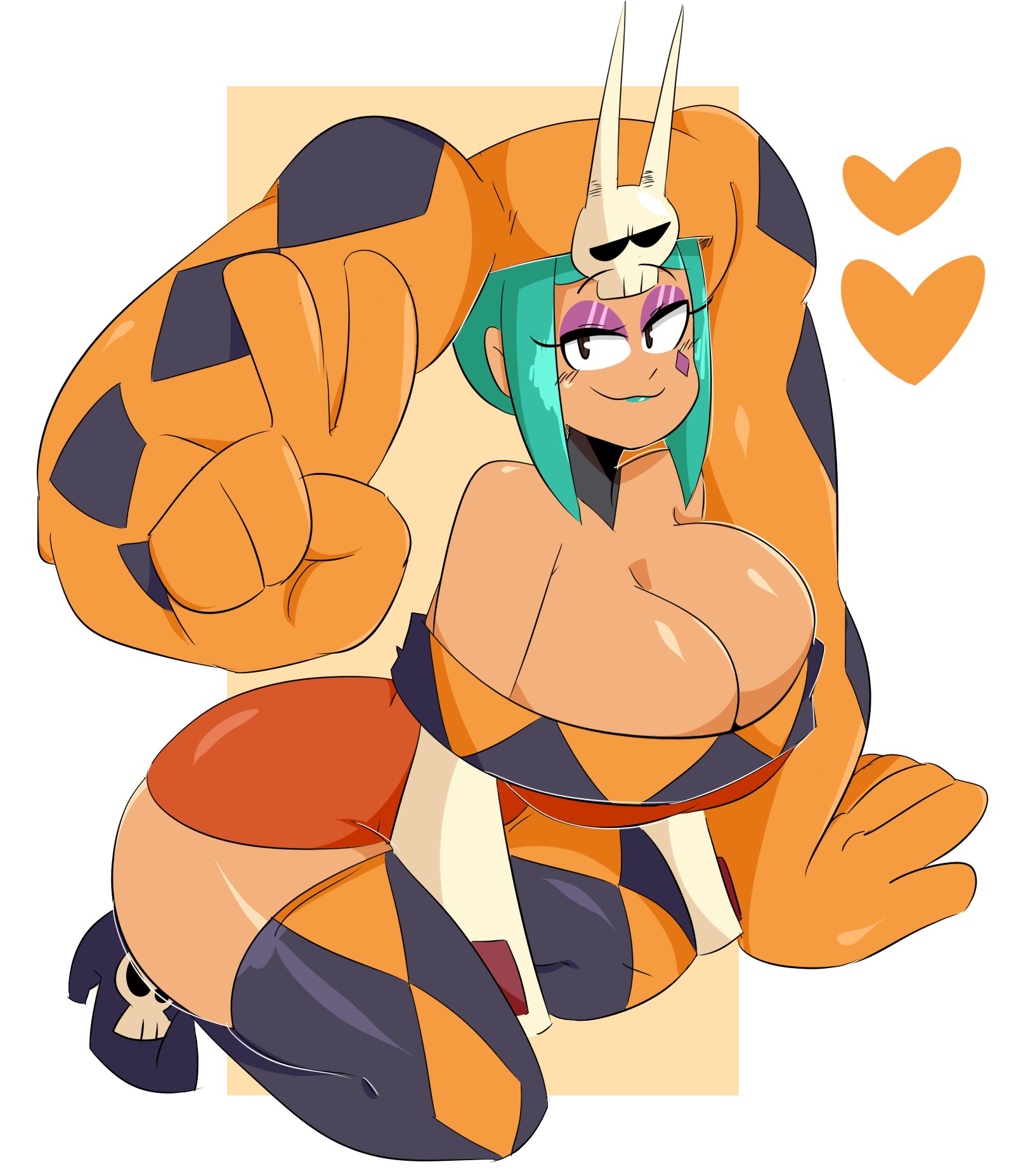 ass, big breasts, breasts, brown skin, cerebella, eyeshadow, female, green hair, high heels, huge ass, jinu, peace sign, skullgirls, smiling, thighhighs, vice-versa