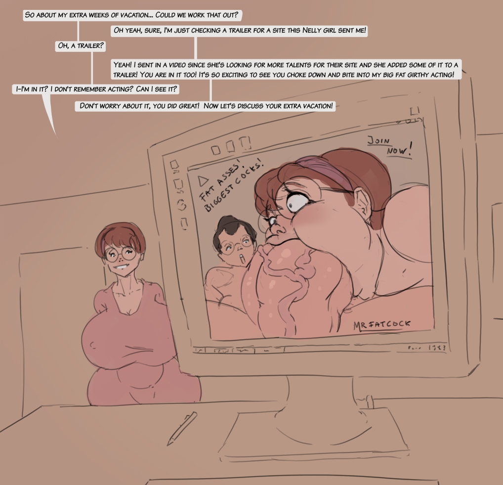 1boy, 1girls, 2020, amanda (shiin), balls, big balls, big breasts, big penis, black hair, blowjob, boss and subordinate, breasts, brown hair, clothed, computer, curvy, deepthroat, dress, fellatio, female, glasses, hairband, huge breasts, huge cock, huge penis, light skin, light-skinned female, light-skinned male, male, mature, mature female, monitor, mouthful, nerd, nerdy female, oral, pale skin, pale-skinned female, pale-skinned male, penis, round glasses, shiin, sketch, stephen (shiin), straight, text, thick penis, unhinged jaw, velvet city (shiin), voluptuous, watching porn, wide hips