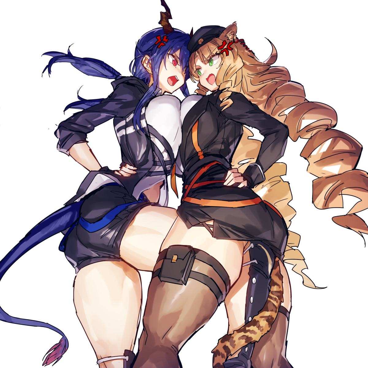 2girls, angry, animal tail, arknights, big breasts, blonde hair, blue hair, breast press, breasts, cat ears, cat girl, cat tail, catgirl, chen (arknights), drill hair, female, horns, huge breasts, melon22, multiple females, multiple girls, muscular, muscular thighs, oerba yun fang, open mouth, red eyes, swire (arknights), symmetrical docking, thick thighs