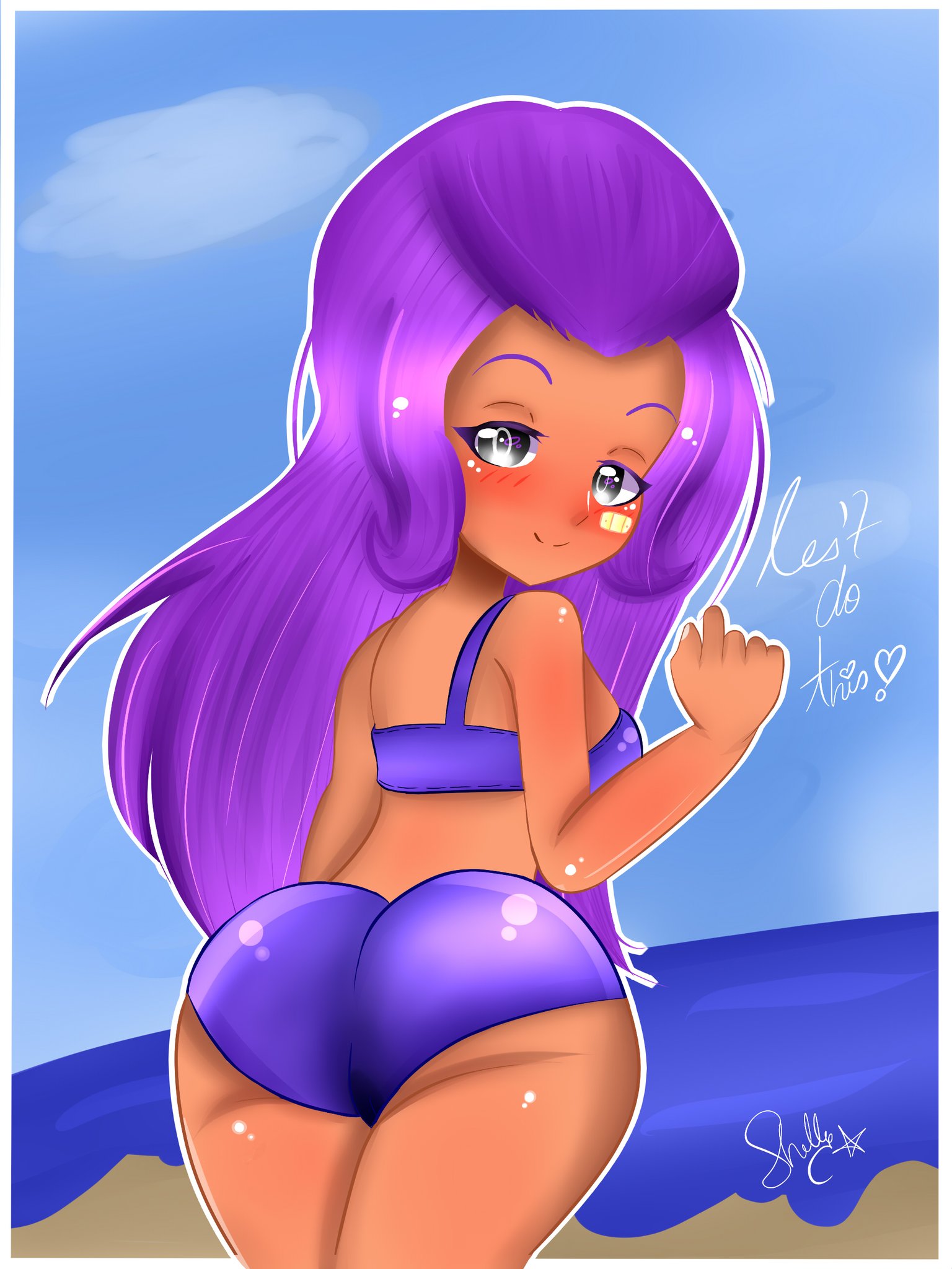 ass, blush, brawl stars, female, looking at viewer, purple hair, shelly (brawl stars)