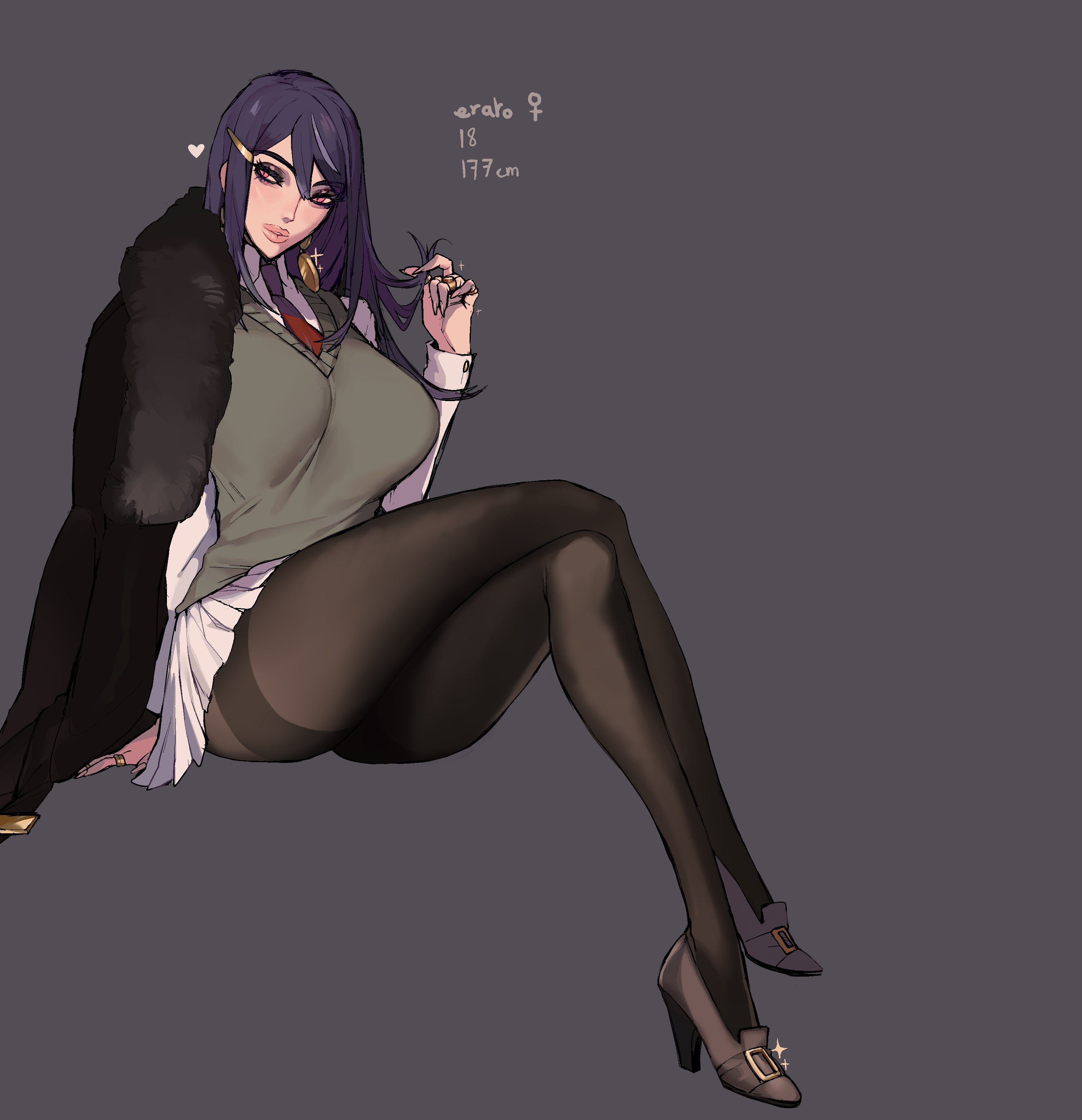 1girls, blue hair, blush, elegant, ennuigrl, erato (ennuigrl), female, female only, necktie, original character, pantyhose, purple hair, red eyes, skirt, solo, sweater vest, thick legs