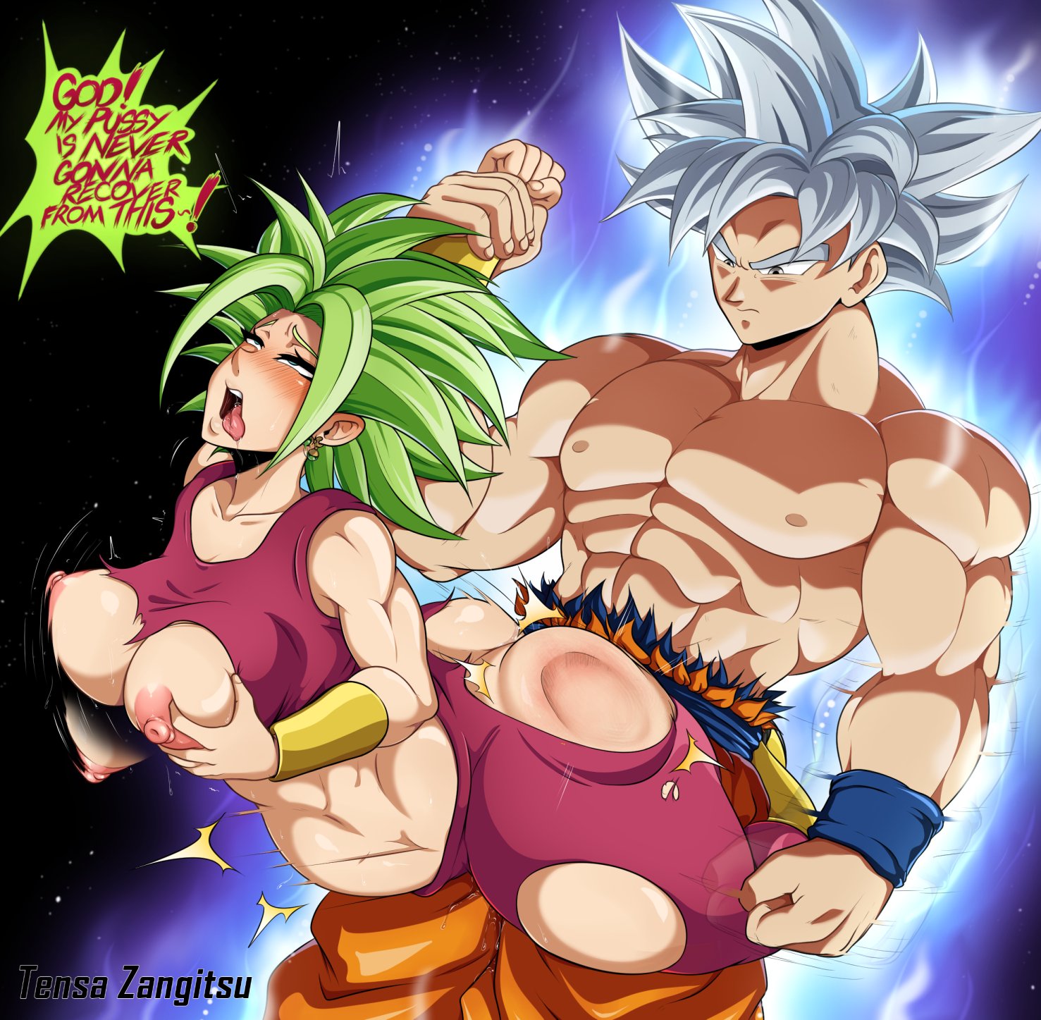 big, big breasts, breasts, clothed sex, doggy style, dragon ball, dragon ball super, female, from behind, from behind position, fusion, goku, green hair, high heel boots, hourglass figure, kefla, leg lock, legendary super saiyan, light skin, light-skinned male, male, mastered ultra instinct, muscular, muscular female, muscular male, nipples, saiyan, son goku, straight, super saiyan, super saiyan 2, tensa-zangitsu, torn clothes, ultra instinct, universe 6 saiyan/universe 7 saiyan