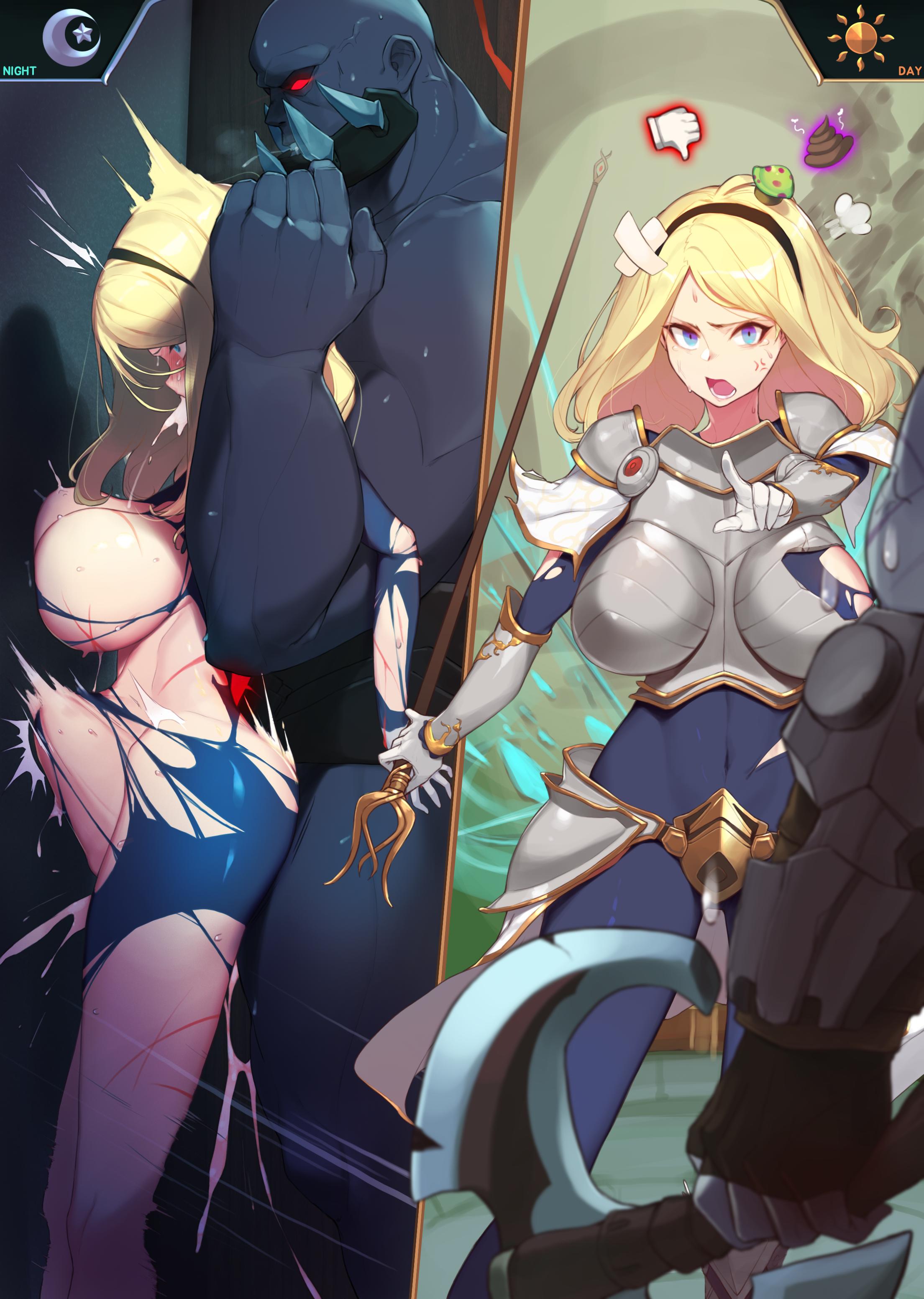 armor, before and after, breasts, comic, cum, distended belly, distension, female, instant loss 2koma, league of legends, luxanna crownguard, male, penis, rape, ryona, sion, warrior, yanje