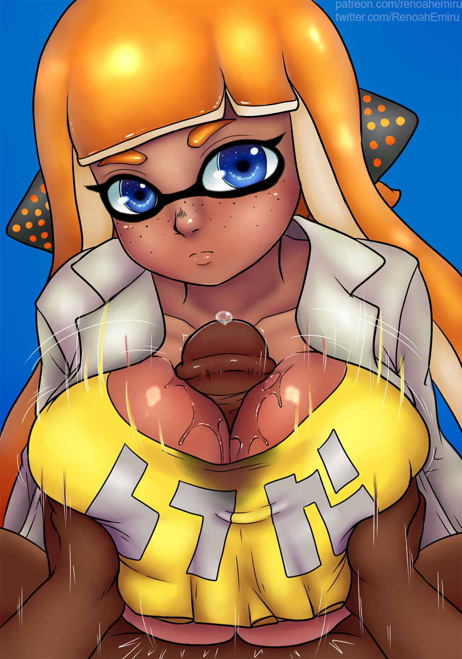 agent 3 (splatoon), breasts, dark skin, dark-skinned male, female, inkling, inkling girl, kiara (renoahemiru), male, nintendo, paizuri, renoahemiru, splatoon, splatoon (series)