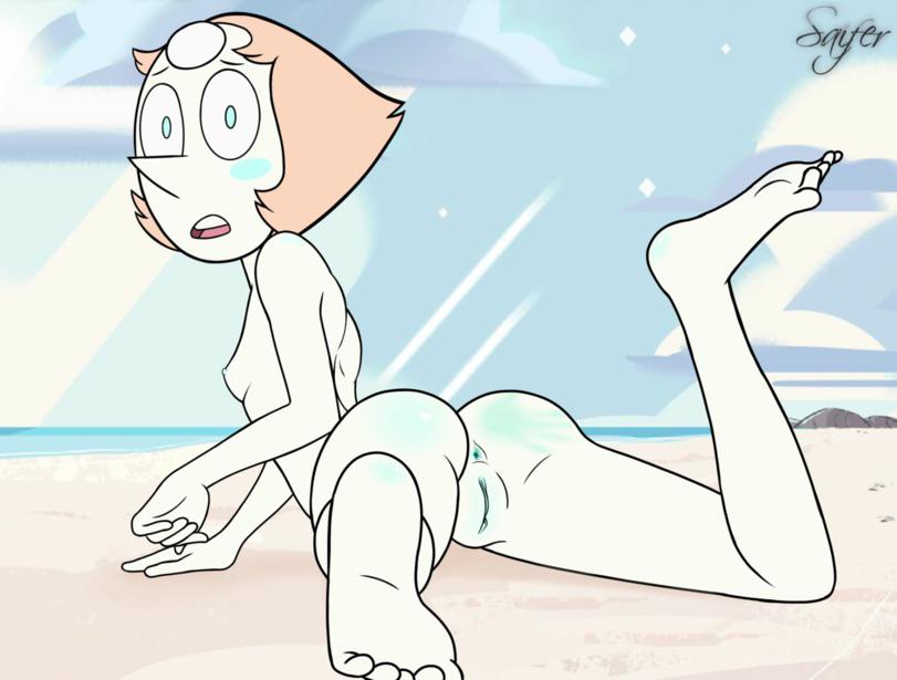 1girls accurate_art_style anus ass backboob beach blush blushing breasts embarrassed embarrassed_nude_female feet female_only nipples pearl_(steven_universe) pussy red_hair saifernsfw slap_mark small_breasts steven_universe