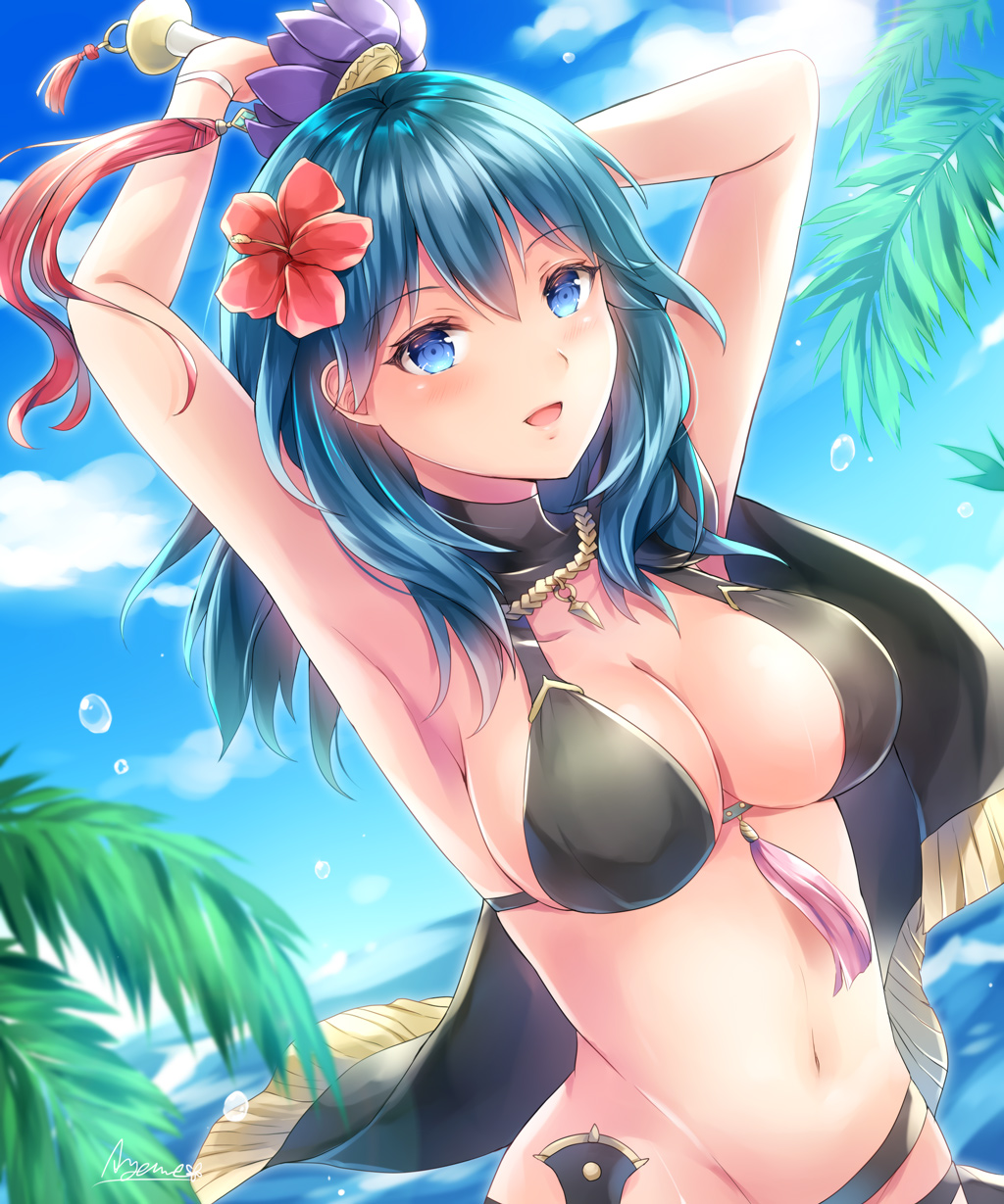 1girls alternate_costume armpits ayame_(artist) ayame_(norie11) big_breasts bikini black_bikini black_swimsuit blue_hair byleth_(fire_emblem) byleth_(fire_emblem)_(female) byleth_(fire_emblem)_(female)_(summer) female female_only fire_emblem fire_emblem:_three_houses fire_emblem_heroes long_hair nintendo solo solo_female swimsuit