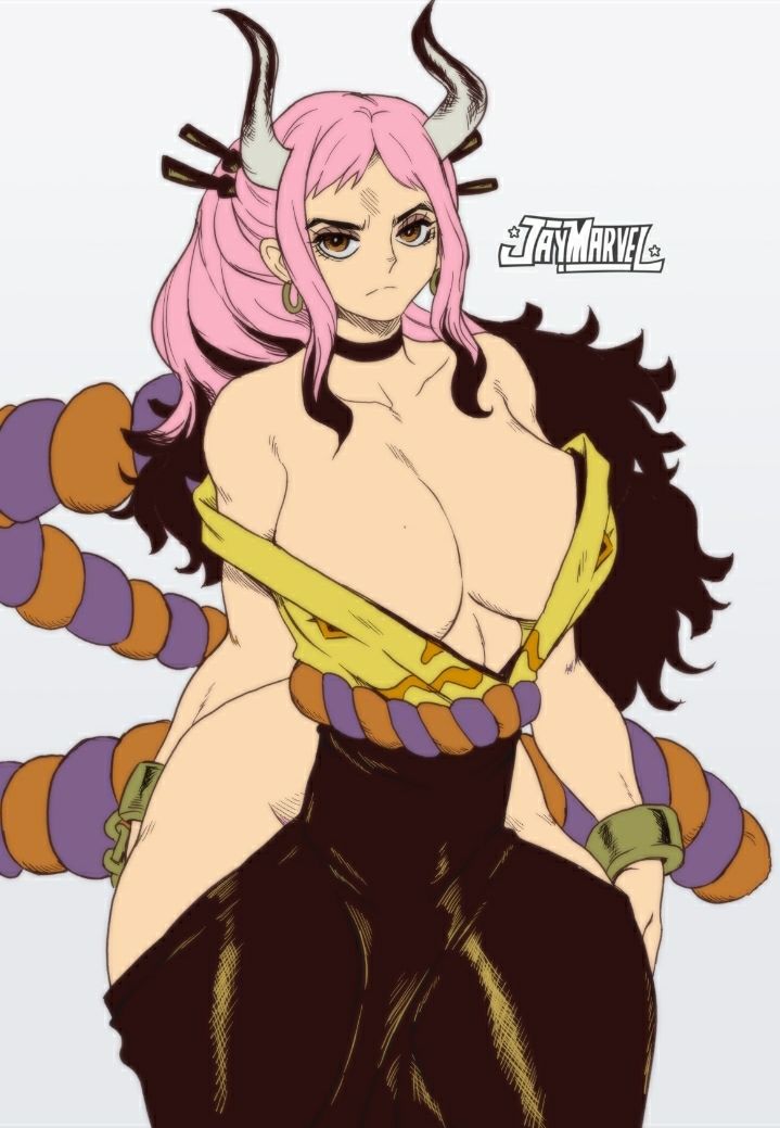 1girls, angry, ass, big ass, big breasts, breasts, brown eyes, clothed, clothing, color, colored, covering, curvy, demon, ear piercing, earrings, female, female focus, female only, gradient hair, hakama, handcuffs, hi res, highres, hoop earrings, horn, horned humanoid, horns, huge breasts, humanoid, jay-marvel, light skin, light-skinned female, long hair, multicolored hair, naughty face, no bra, one piece, oni, oni horns, pink hair, revealing clothes, seductive, simple background, solo, thin waist, two-tone hair, wide hips, yamato (one piece), yokai, youkai