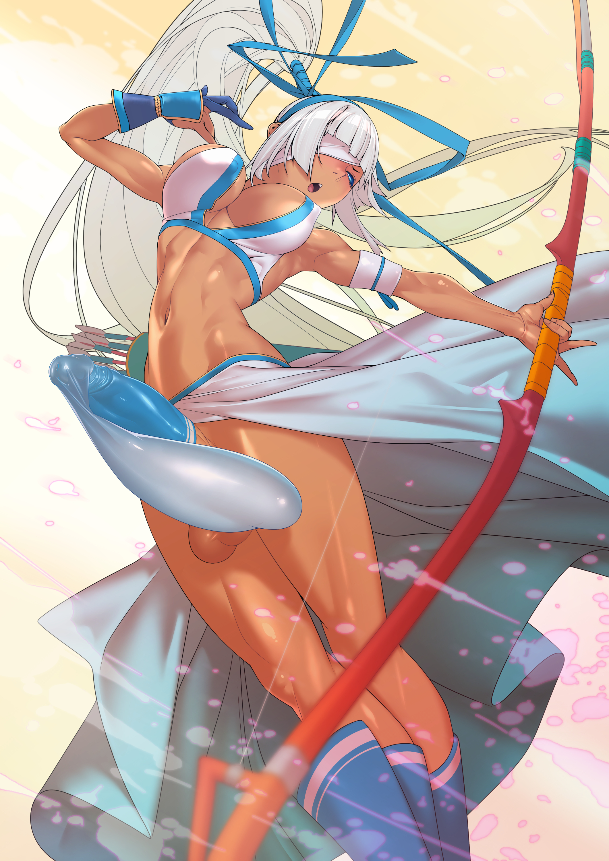 1futa, big breasts, big penis, blue eyes, bow, bra, breasts, brown skin, condom, condom filling, condom on penis, cum, cumming, erect penis, erection, futa only, futanari, horny, intersex, long hair, majikina mina, no hands, no panties, penis, ponytail, revealing clothes, samurai shodown, snk, tan skin, tomoyuki kotani, white hair