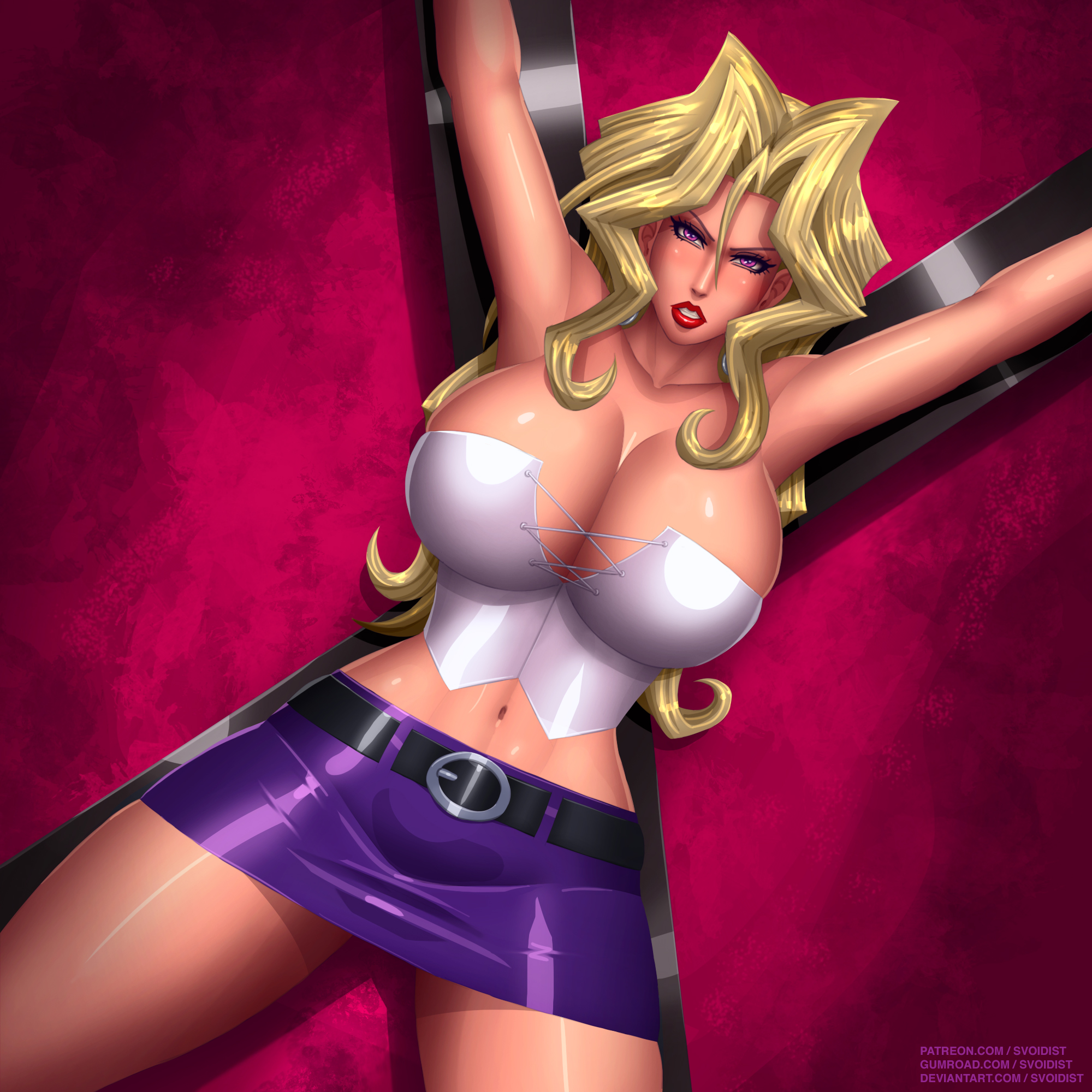 1girls, big breasts, blonde hair, bondage, breasts, cleavage, corset, female, female only, konami, lipstick, long hair, looking at viewer, mai valentine, mature female, parted lips, purple eyes, red lipstick, shiny, shiny breasts, shiny clothes, shiny skin, solo, solo female, solo focus, svoidist, yu-gi-oh!, yu-gi-oh! duel monsters