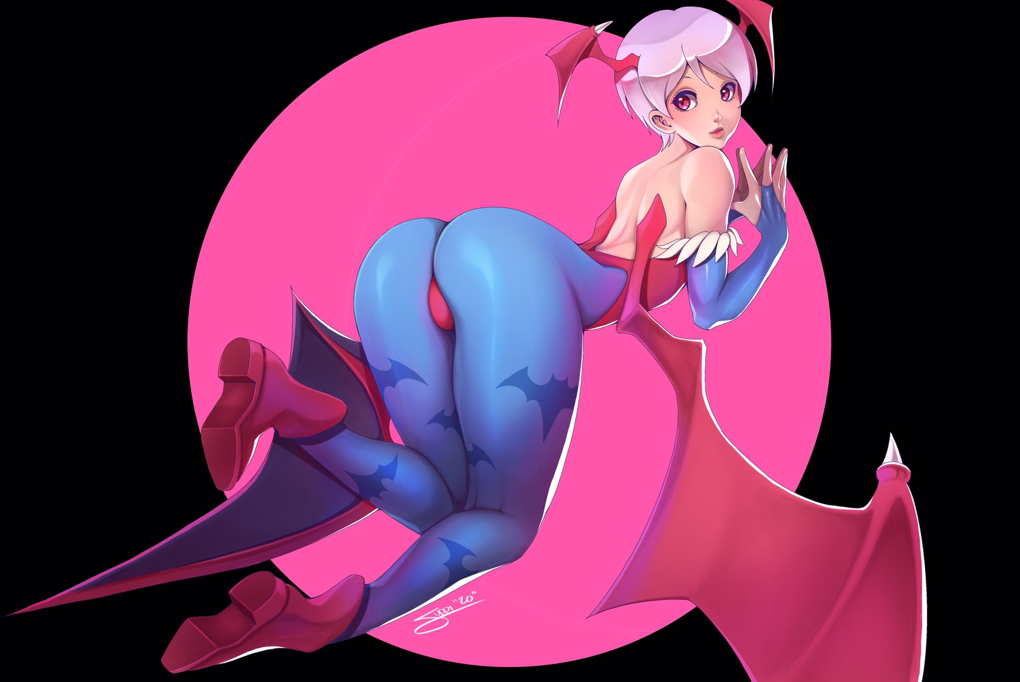 ass, bat print, bat wings, blue pantyhose, clothing, darkstalkers, demon, female, head wings, leotard, lilith aensland, pink eyes, pink hair, succubus, suppi.art, very short hair