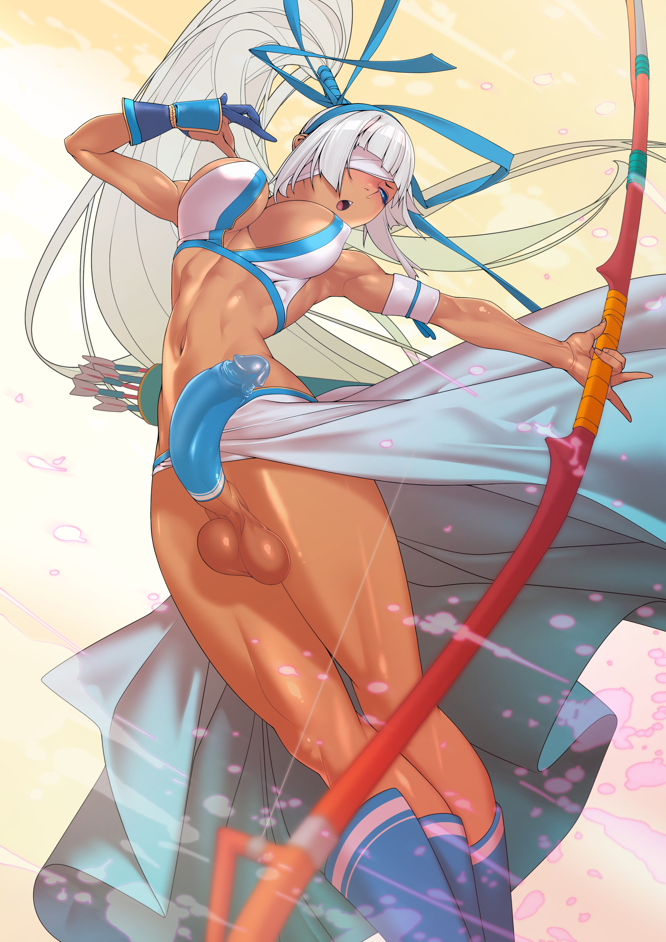 1futa, big breasts, big penis, blue eyes, bow, bra, breasts, brown skin, condom, condom on penis, futa only, futanari, half-erect, intersex, long hair, majikina mina, no panties, penis, ponytail, revealing clothes, samurai shodown, snk, tan skin, tomoyuki kotani, white hair