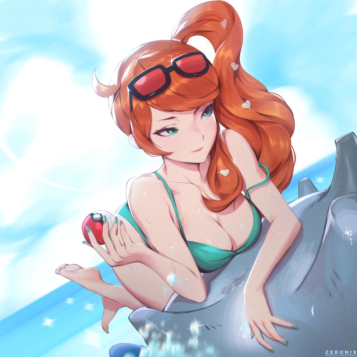 1girls aqua_nails bikini blue_nails breasts feet glasses human nail_polish nintendo outside poke_ball pokemon pokemon_ss sky soles solo solo_female sonia_(pokemon) sunglasses_on_head swimsuit the_pose toes water zeronis