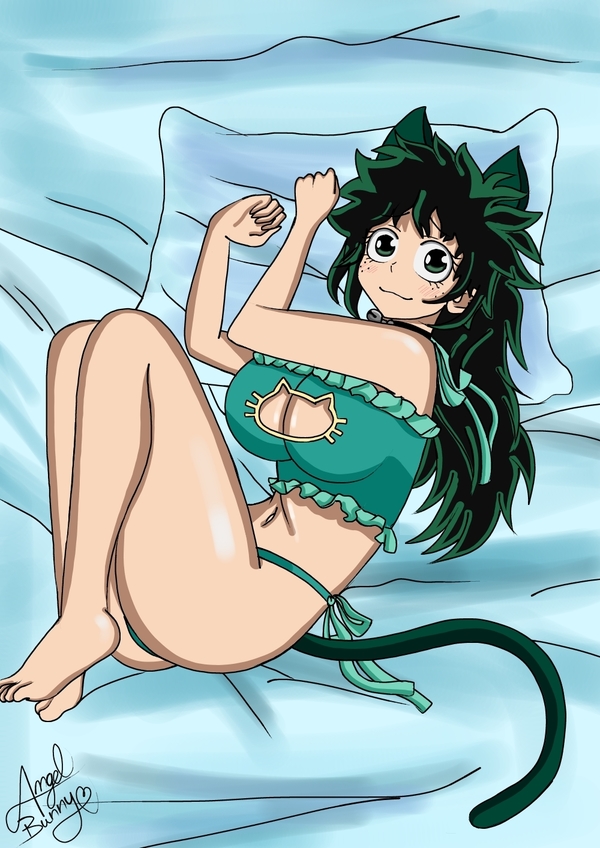 1girls 2020 angelbunny ass bed bell bell_collar bra cat_ears cat_keyhole_bra cat_tail catgirl collar commission curled_up cute feet female_deku genderswap genderswap_(mtf) green_eyes green_hair green_tail izuku_midoriya lace_bra large_breasts laying_down laying_on_bed lingerie messy_hair mostly_nude my_hero_academia open_eyes panties pillow ponytail rule_63