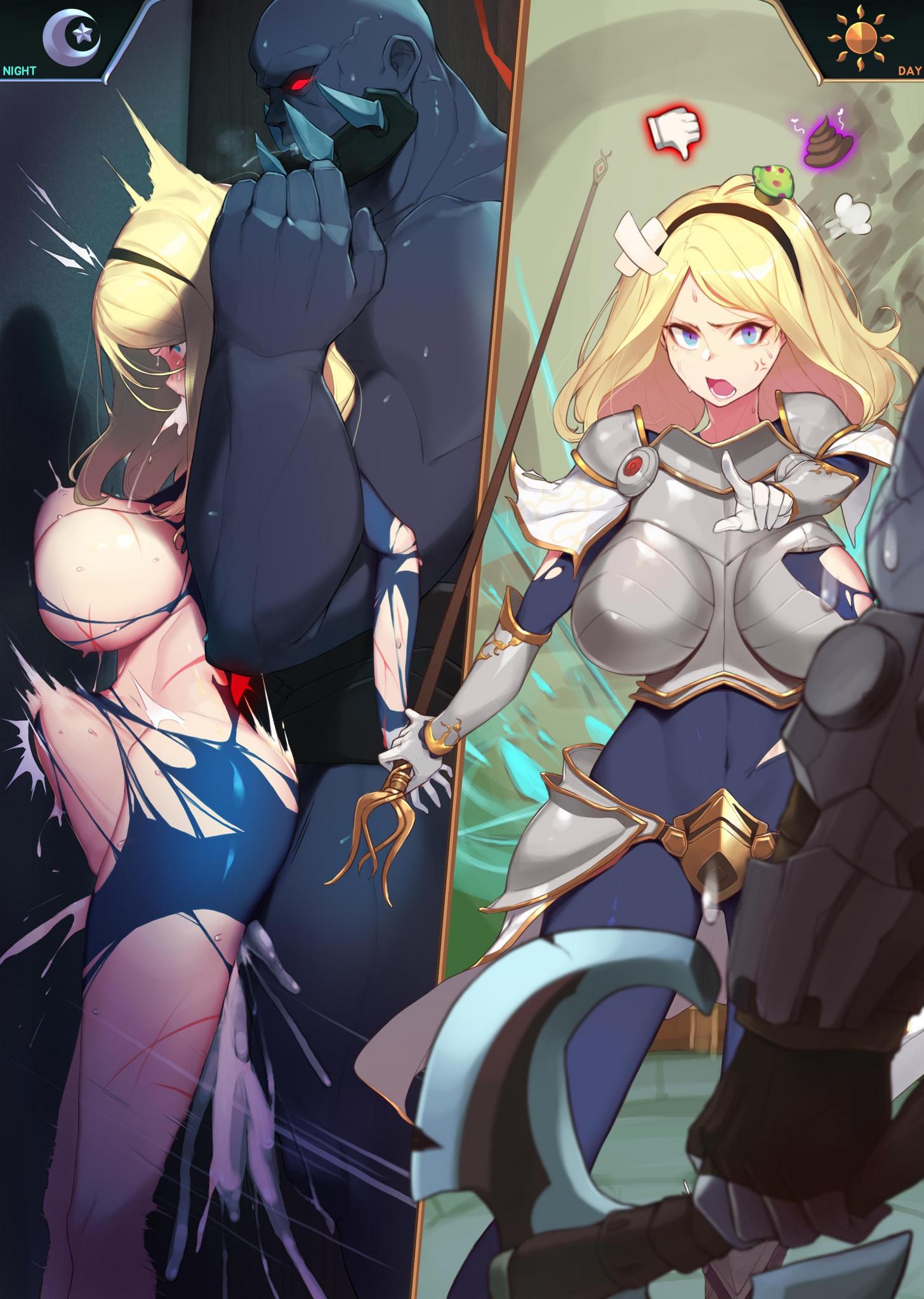 armor before_and_after big_breasts breasts crying crying_with_eyes_open cum cum_in_ass cum_in_mouth cum_in_pussy cum_inside cuts distended_belly distension instant_loss_2koma league_of_legends luxanna_crownguard rape riot_games ryona sion source_request tagme torn_bodysuit torn_clothes torn_legwear warrior yanje