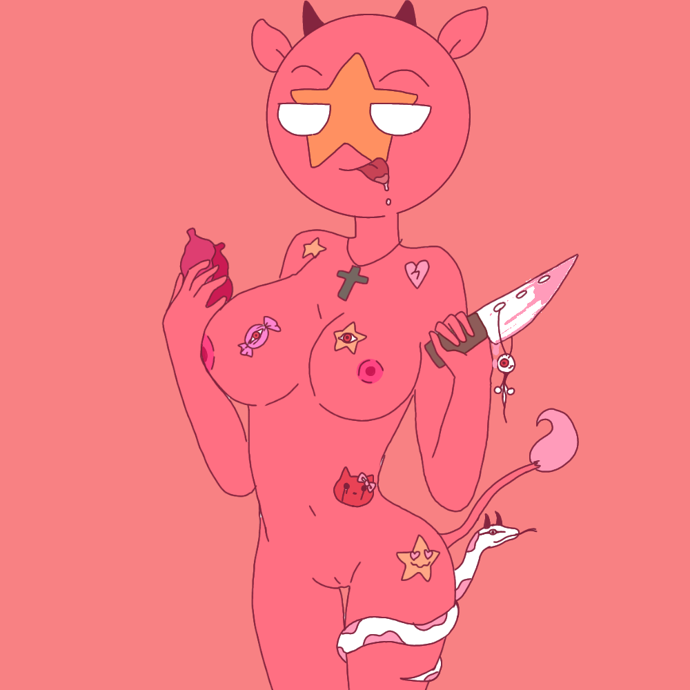 countryhumans countryhumans_girl hello_kitty hello_kitty_(character) hello_kitty_(series) jojofan_alsoch kitty_white knife legs_together medium_breasts nude nude_female pink_blood pussy red_background red_skin sanrio simple_background snake solo solo_female standing sticker vietnam_(countryhumans)