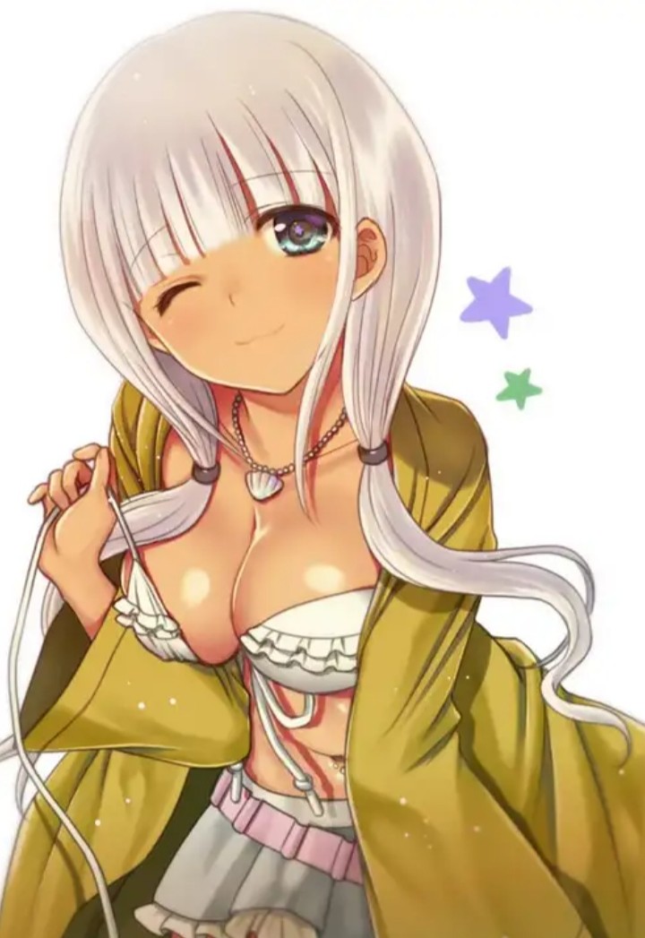 big breasts, blue eyes, breasts, danganronpa, danganronpa v3, dark skin, dark-skinned female, female, looking at viewer, necklace, new danganronpa v3, smile, stripping, swimsuit, twintails, underwear, white background, white hair, wink, yellow clothing, yonaga angie