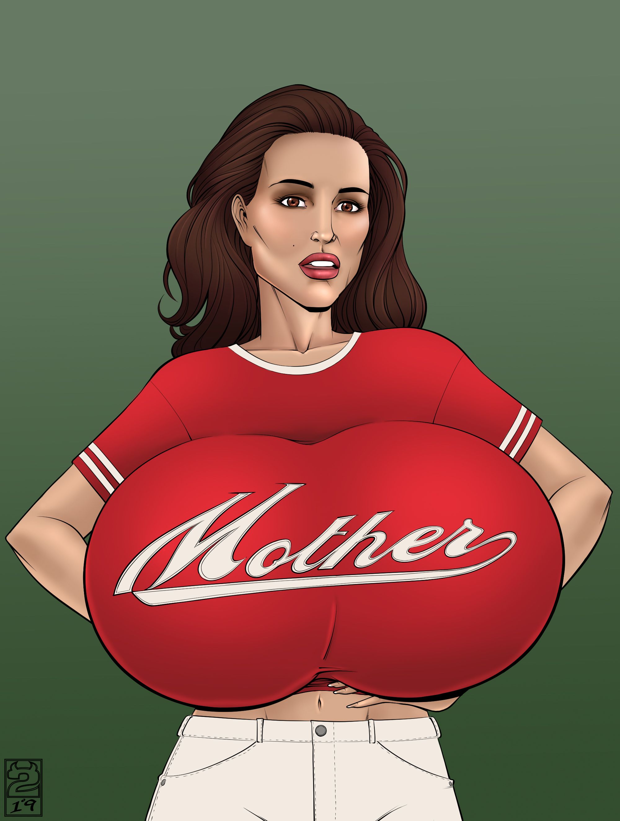 1girls, actress, beauty mark, breasts, brown eyes, brown hair, celebrity, clothed, cropped legs, deuce, female, green background, hands on hips, hyper breasts, large breasts, long hair, matching hair/eyes, midriff, milf, natalie portman, real person, red shirt, shirt, short sleeves, solo, white pants