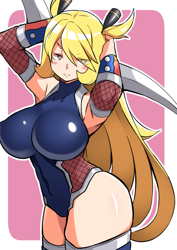 1girls 2020 arm_blade armpits arms_behind_head arms_up ass big_ass blade blonde_hair blush breasts cosplay covered_navel crossover cynthia_(pokemon) detached_sleeves eyes_visible_through_hair female female_only fishnets grey_eyes hair_ornament hair_over_one_eye human human_only impossible_clothes large_breasts leotard long_hair looking_at_viewer mituyota_76 nintendo pink_background pokemon pokemon_dppt revealing_clothes simple_background skin_tight skindentation smile solo taimanin_(series) taimanin_asagi taimanin_suit thick_thighs thighhighs thighs very_long_hair weapon white_border zettai_ryouiki