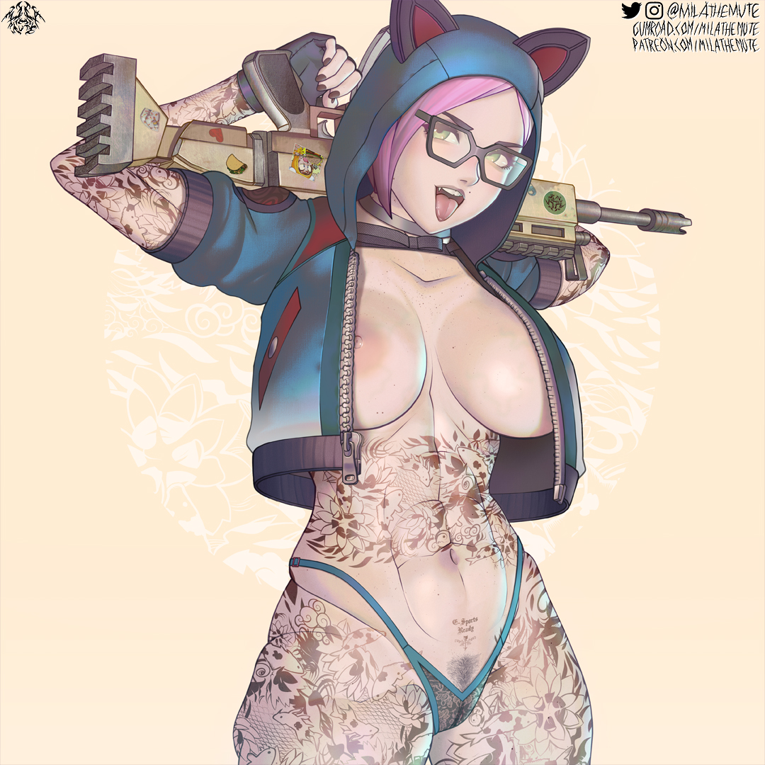 1girls, abs, areolae, arms up, biceps, big breasts, breasts, busty, female, female focus, female only, fortnite, g-string, glasses, green eyes, gun, hoodie, hourglass figure, large breasts, lynx (fortnite), mila the mute, muscles, muscular, muscular female, navel, nipples, nude, nude female, nudity, pink hair, pose, posing, pubic hair, pussy, short hair, solo, standing, tattoo, thong, tongue, tongue out, trimmed pubic hair, vagina, wide hips
