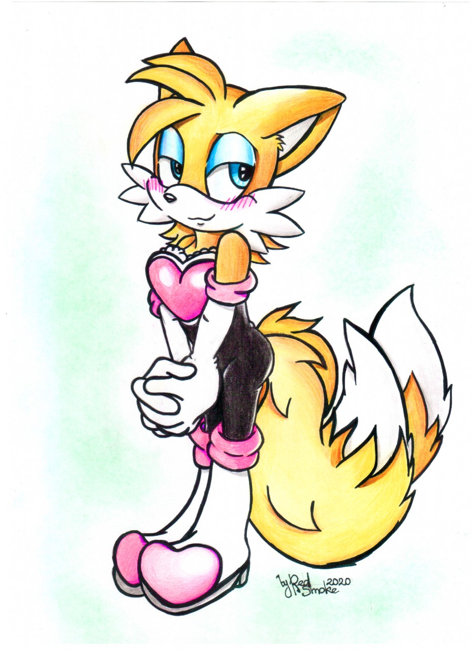 :3, 1boy, blue eyes, cosplay, crossdressing, dressed, femboy, feminine tails, footwear, fox, hands together, handwear, looking at viewer, male, male only, rouge the bat (cosplay), seductive, seductive smile, sega, smug, smug face, sonic (series), tail, tails, tails the fox, yellow fur