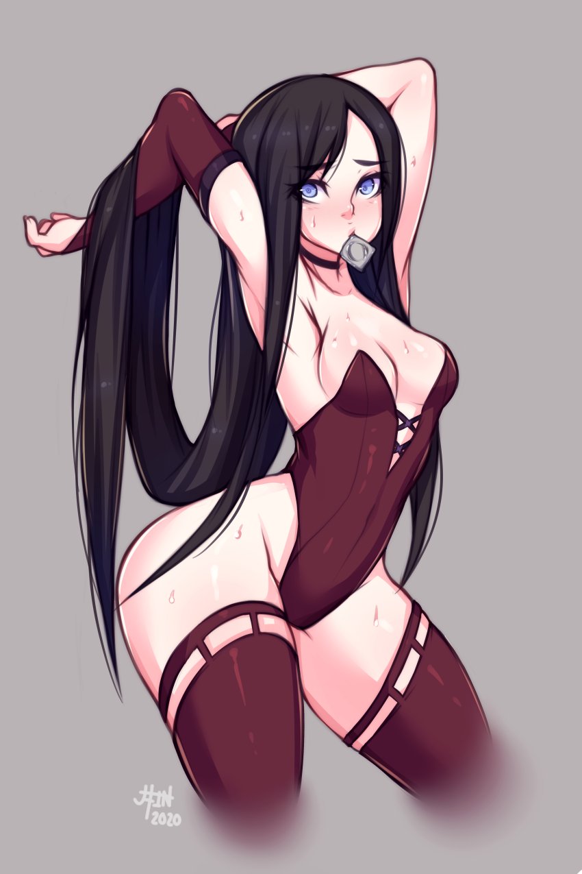 5-ish, arms up, black hair, blue eyes, choker, condom, condom in mouth, fiveish, long hair, looking at viewer, tagme, thighhighs