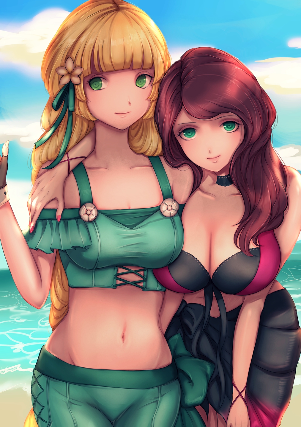 2girls blonde_hair blue_eyes brown_hair dorothea_arnault dorothea_arnault_(summer) female_only fire_emblem fire_emblem:_three_houses fire_emblem_heroes green_eyes ingrid_brandl_galatea ingrid_brandl_galatea_(summer) jtaka large_breasts long_hair multiple_girls nintendo swimsuit