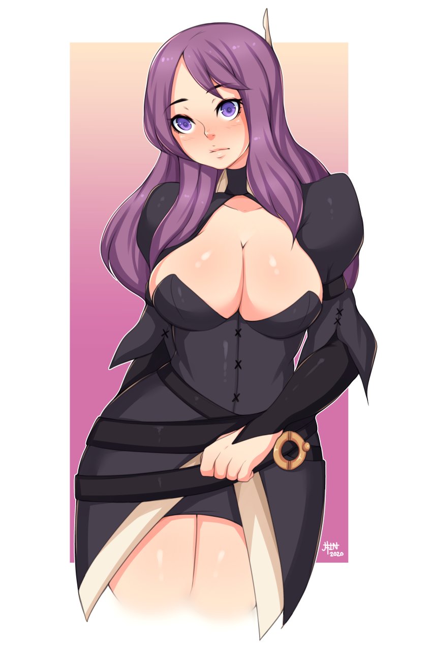 1girls 5-ish blush cleavage fiveish fully_clothed gradient_background light-skinned_female light_skin purple_eyes purple_hair shiny_skin signature tagme white_background white_outline