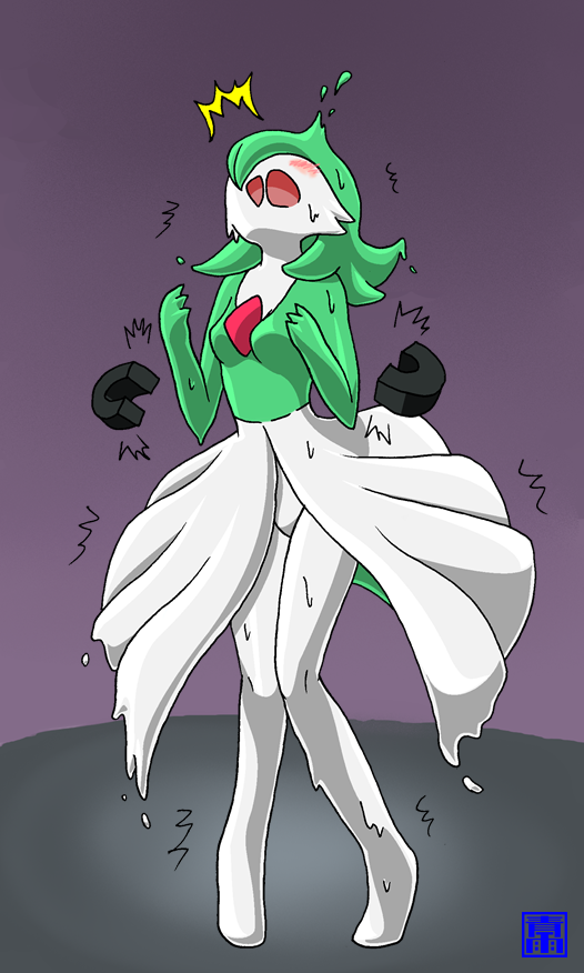 1girls aozame_takao blush female gardevoir green_hair handcuffs knees_together_feet_apart long_hair nintendo open_mouth pokemon pokemon_(species) red_eyes sabrina_(pokemon) sabrina_(pokemon_hgss) skinsuit species_transformation standing transformation