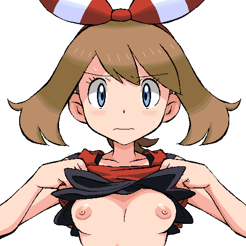 areola bare_shoulders blue_eyes blush breasts female gomatarou hairband human light_brown_hair looking_at_viewer lowres may_(pokemon) may_(pokemon_oras) nintendo nipples no_bra pokemon pokemon_oras shirt_lift sweatdrop tank_top upper_body white_background