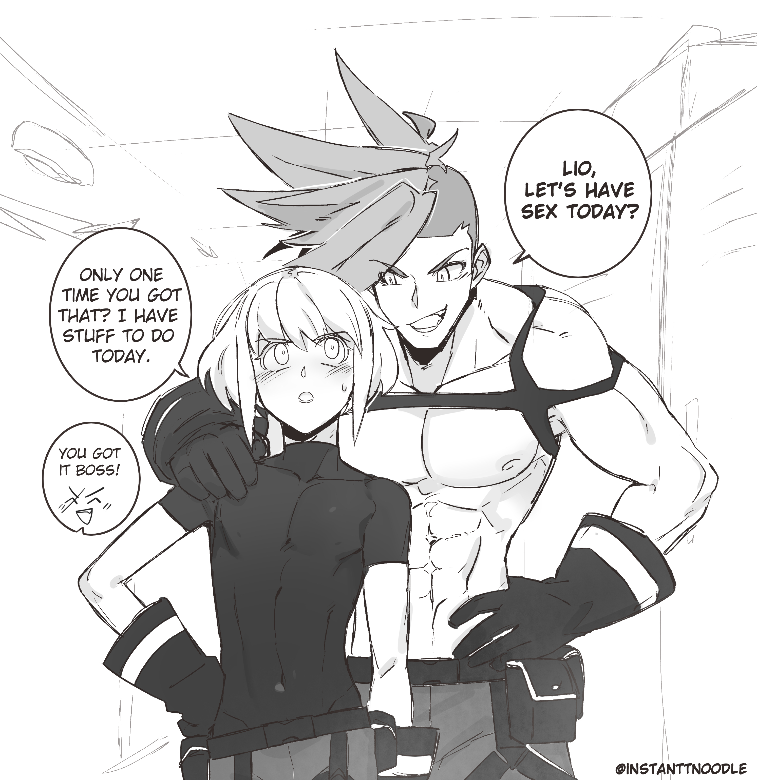 2boys, abs, blush, dialogue, english text, femboy, galo thymos, gay, gloves, harness, instanttnoodle, larger male, lio fotia, locker room, looking at another, male, male only, muscles, muscular, muscular male, otoko no ko, pecs, promare, size difference, skin tight, skintight clothing, smaller male, speech bubble, text, toned, toned male, topless, twink, yaoi