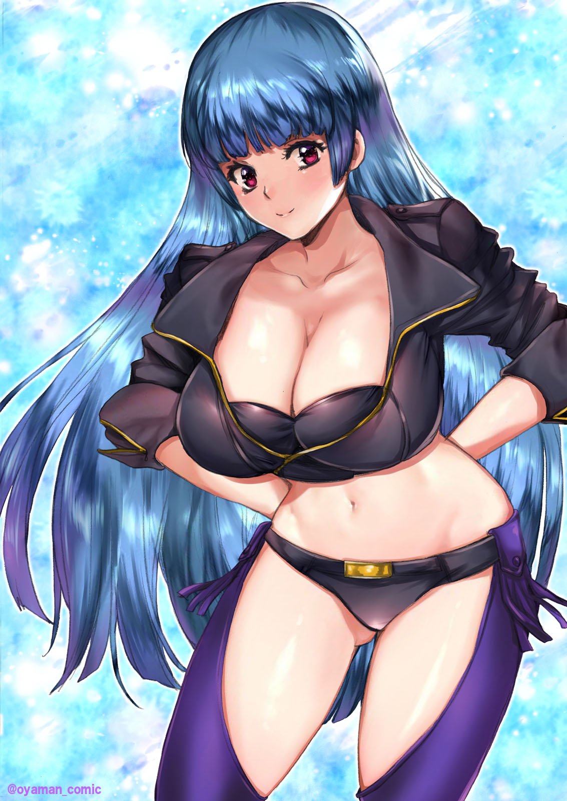 1girls, angel (kof) (cosplay), bangs, big breasts, blue hair, blush, bra, breasts, chaps, female, female only, jacket, king of fighters, kula diamond, leather jacket, panties, smile, smiling, snk, snk heroines: tag team frenzy, solo, solo female